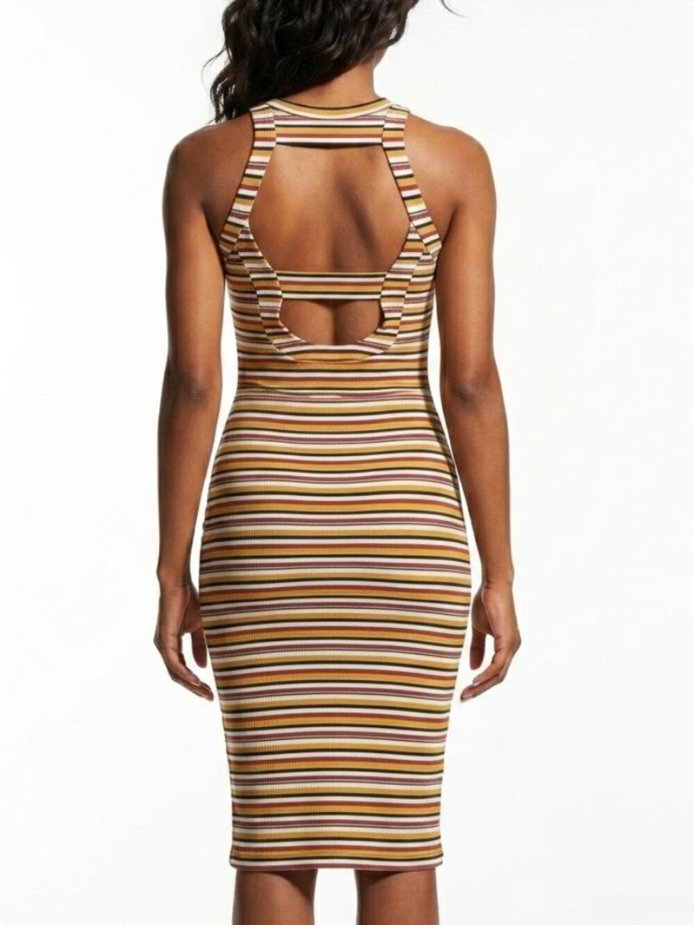 1.STATE 70s Striped Ribbed Knit Midi Dress Open Back Halter Retro Warm Tones XS